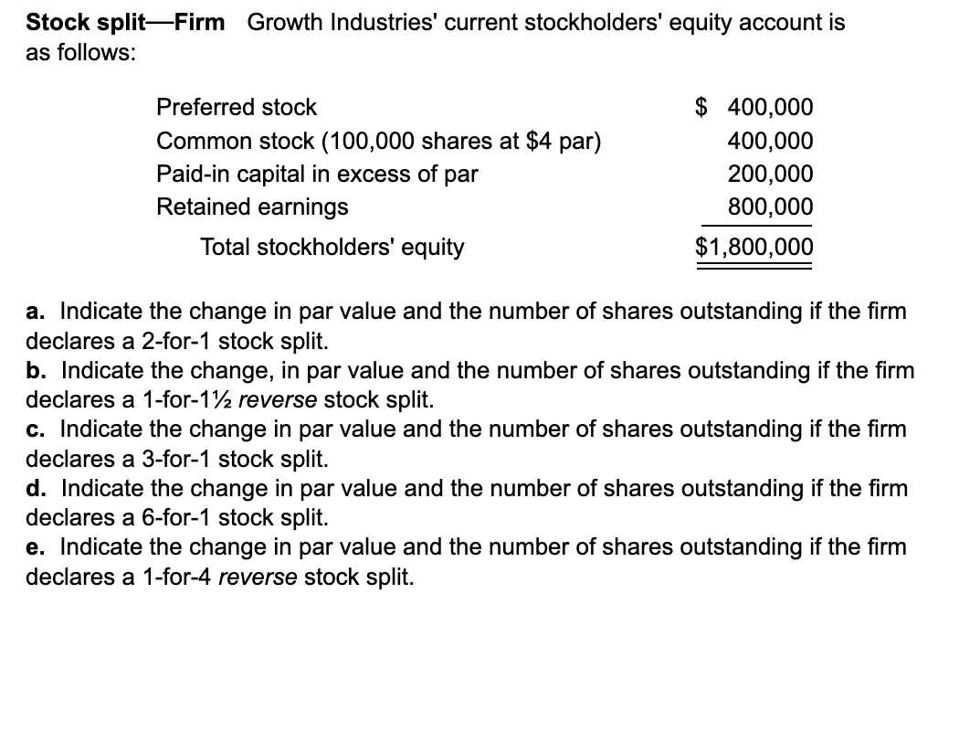 Solved Stock split-Firm Growth Industries' current | Chegg.com