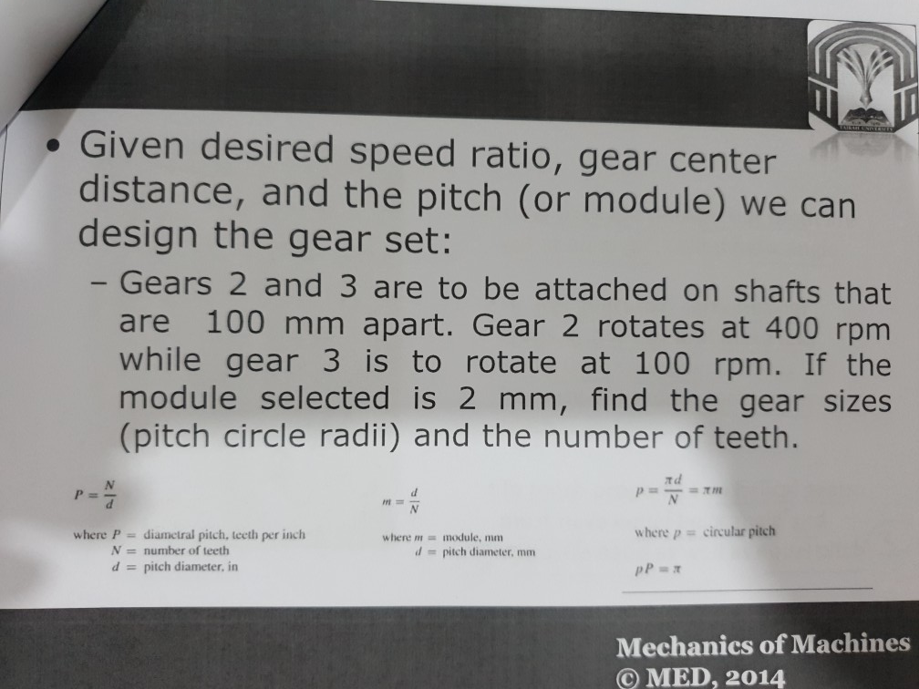 Solved Given desired speed ratio, gear center distance, and