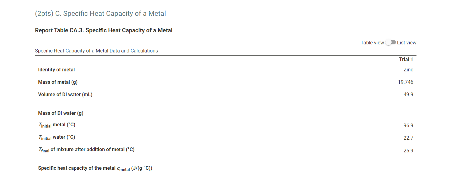 Solved (10pts) A. Heat of Neutralization Report Table CA.1