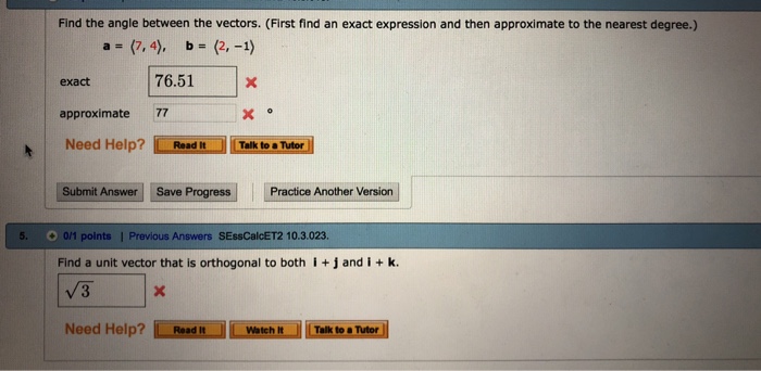 Solved Find The Angle Between The Vectors First Find An 5128