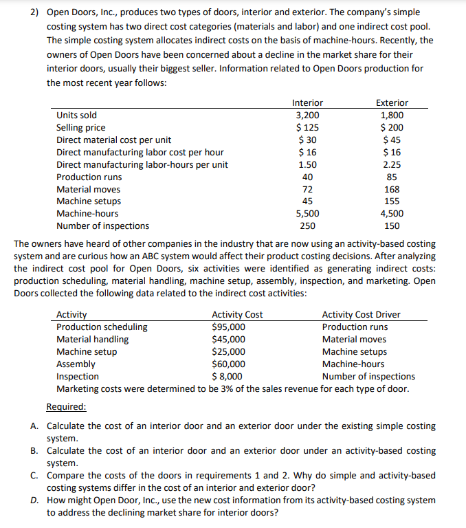 Solved 2) Open Doors, Inc., produces two types of doors,