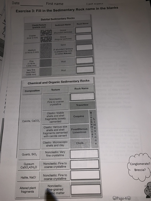Solved Date First name Exercise 3: Fill in the Sedimentary | Chegg.com