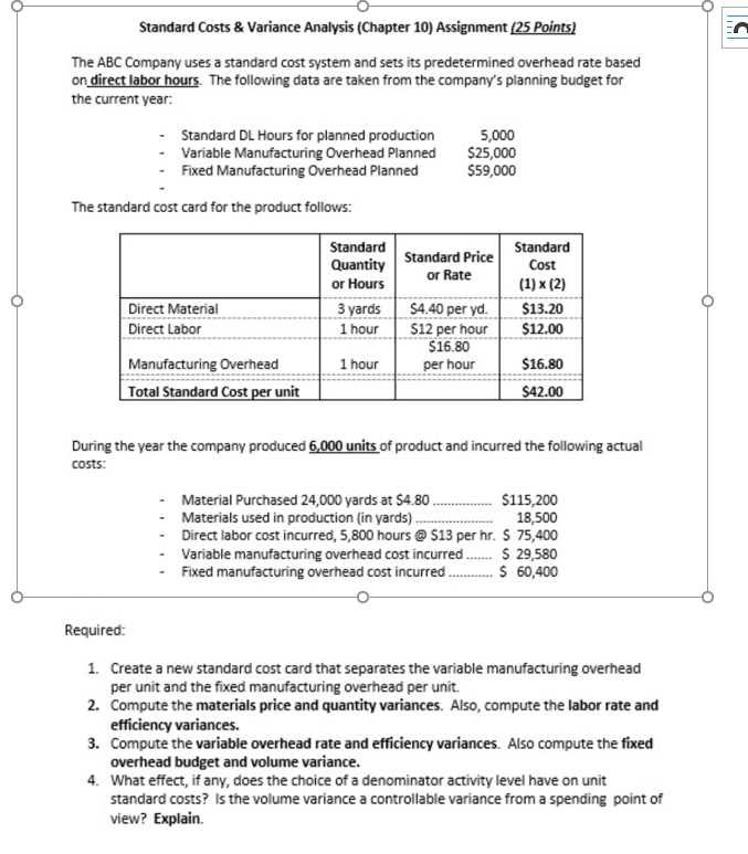 Solved Standard Costs \& Variance Analysis (Chapter 10)