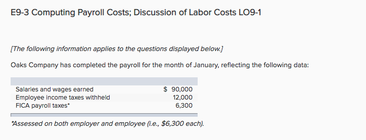 Which Of The Following Is Not An Employer Payroll Cost Solved E9-3 Computing Payroll Costs; Discussion of Labor | Chegg.com