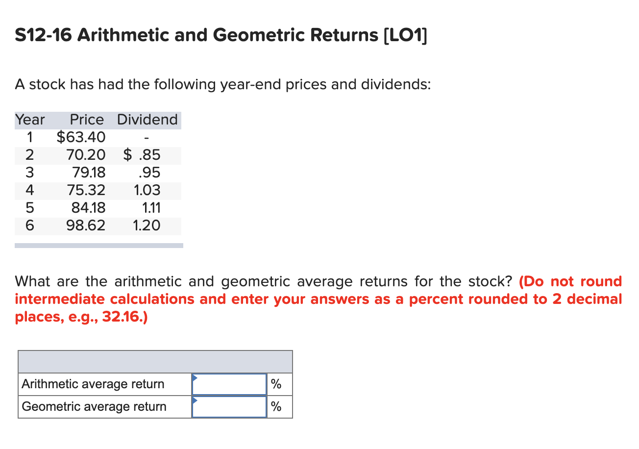 Solved S1216 Arithmetic and Geometric Returns (LO1] A stock