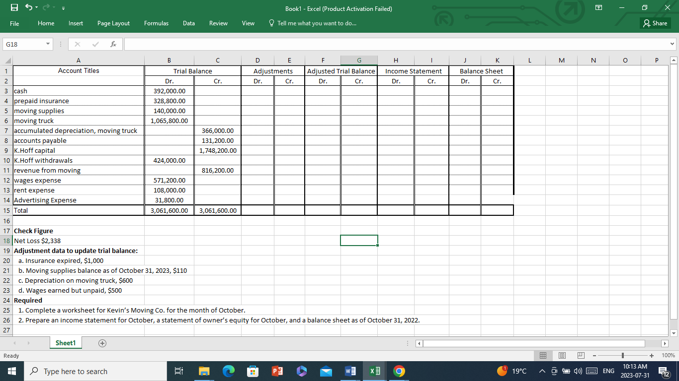 Solved Book1 - Excel (Product Activation Failed) File Home | Chegg.com