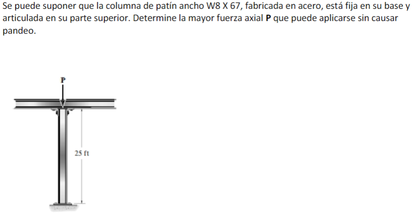 Se puede suponer que la columna de patín ancho W8 X 67, fabricada en acero, está fija en su base y articulada en su parte sup