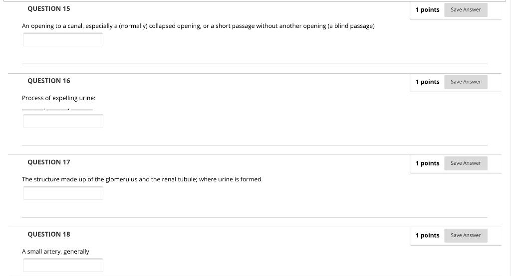 QUESTION 15 1 points Save Answer An opening to a canal, especially a (normally) collapsed opening, or a short passage without