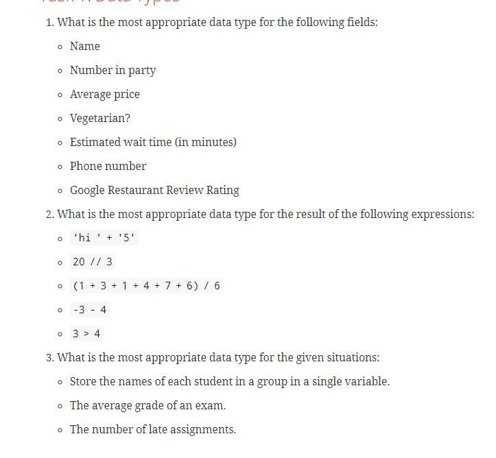 Solved o 1. What is the most appropriate data type for the | Chegg.com