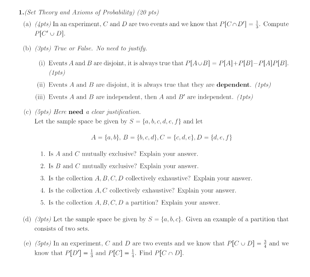 Solved 1.(Set Theory And Axioms Of Probability) (20 Pts) (a) | Chegg.com