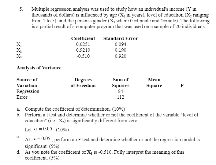 Solved 5. Multiple Regression Analysis Was Used To Study How | Chegg.com