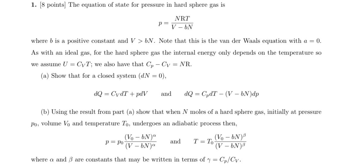 Solved 1. [8 points) The equation of state for pressure in | Chegg.com