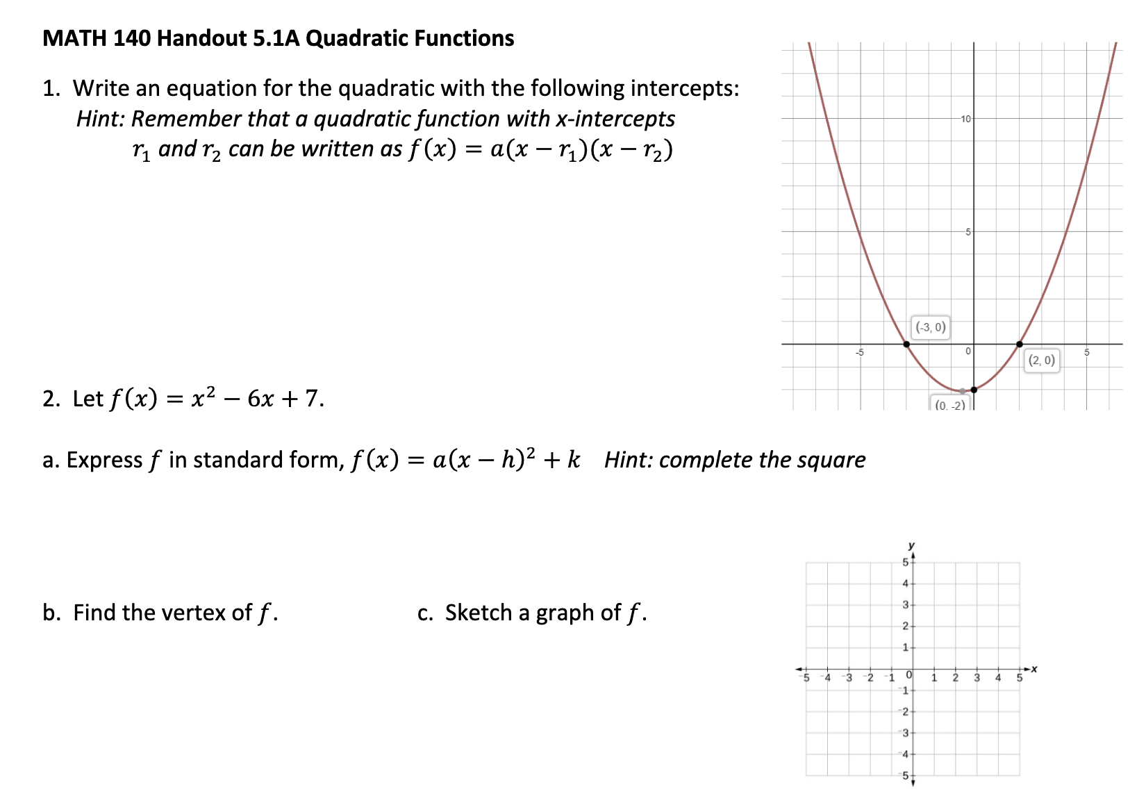 Solved 1. Write an equation for the quadratic with the | Chegg.com