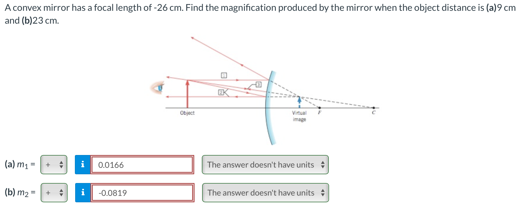 Solved A convex mirror has a focal length of 26 cm. Find