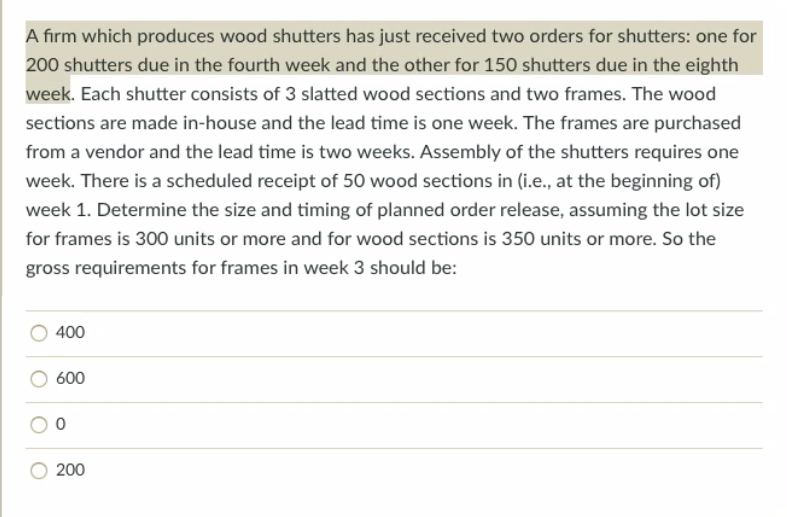 Solved A firm which produces wood shutters has just received | Chegg.com