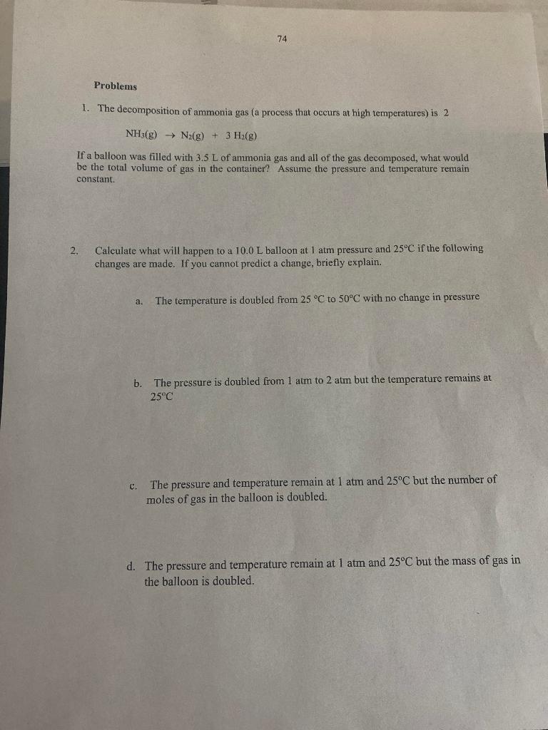 Solved 74 Problems 1. The decomposition of ammonia gas (a | Chegg.com