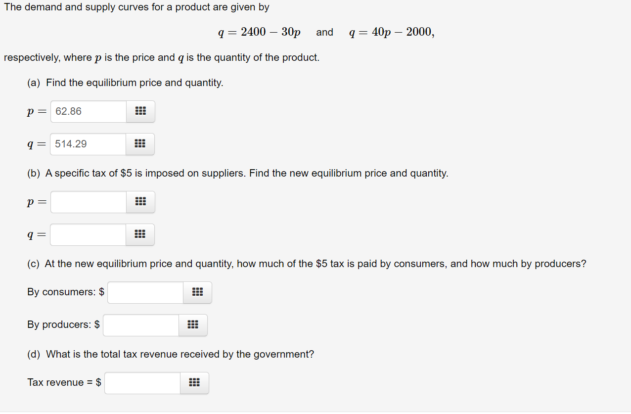 Solved The demand and supply curves for a product are given | Chegg.com