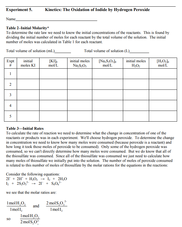 Experiment 5. Kinetics: The Oxidation of lodide by | Chegg.com