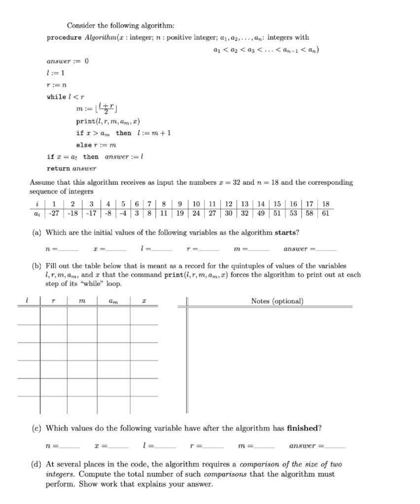 Solved Consider the following algorithm: procedure Algorithm | Chegg.com