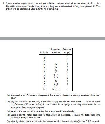 Solved 3. A Construction Project Consists Of Thirteen | Chegg.com