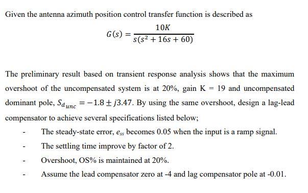 Solved Given the antenna azimuth position control transfer | Chegg.com