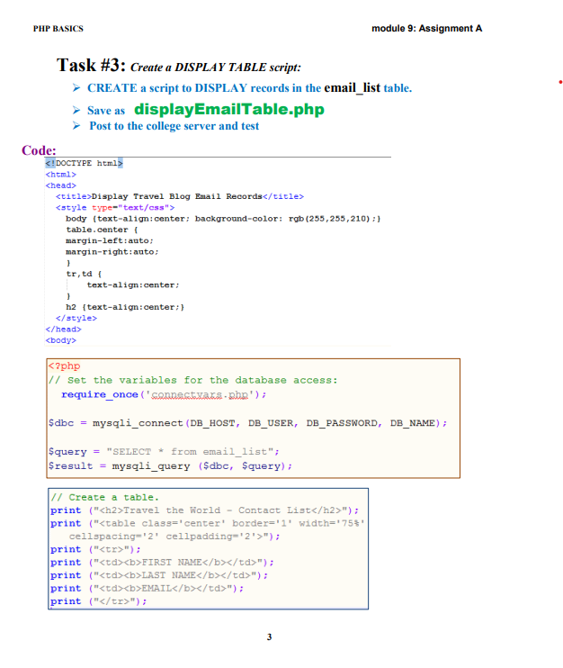 Task \3 Create a DISPLAY TABLE script CREATE a