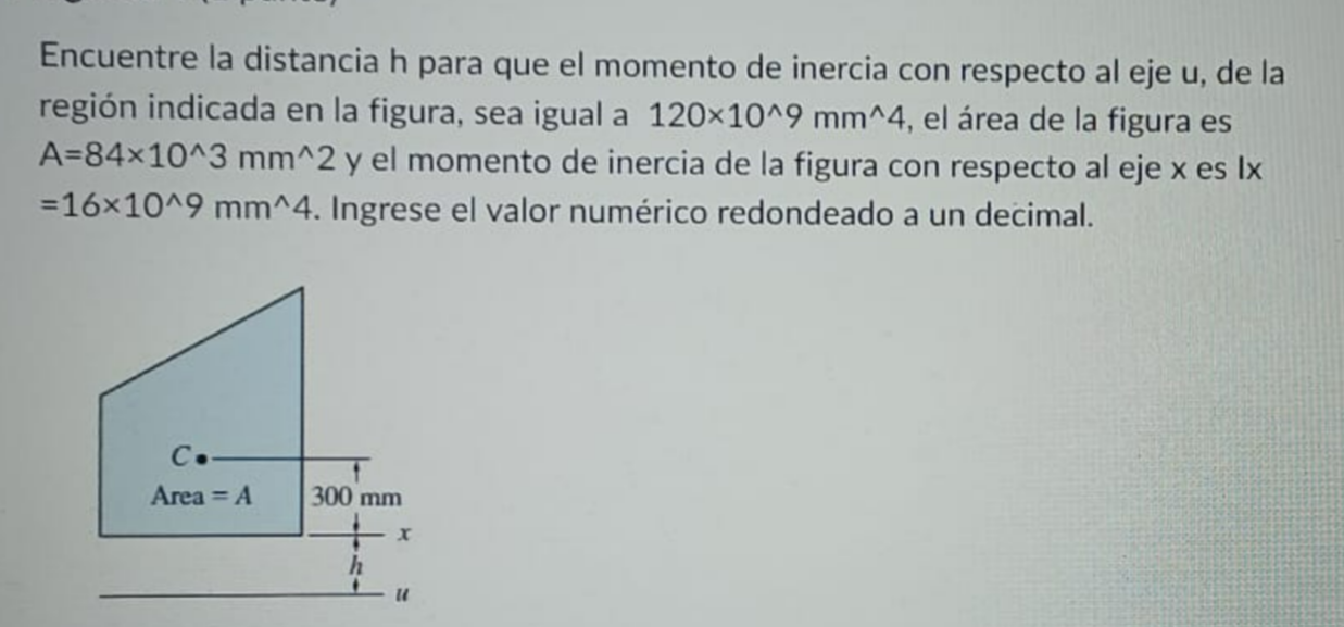 Encuentre la distancia h para que el momento de inercia con respecto al eje u, de la región indicada en la figura, sea igual