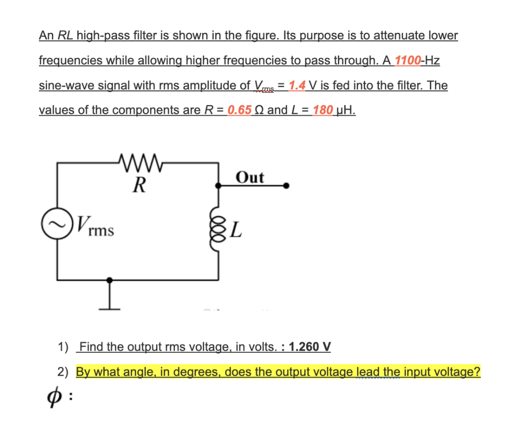 Solved An RL highpass filter is shown in the figure. Its