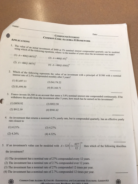 compound interest common core algebra 2 homework answers