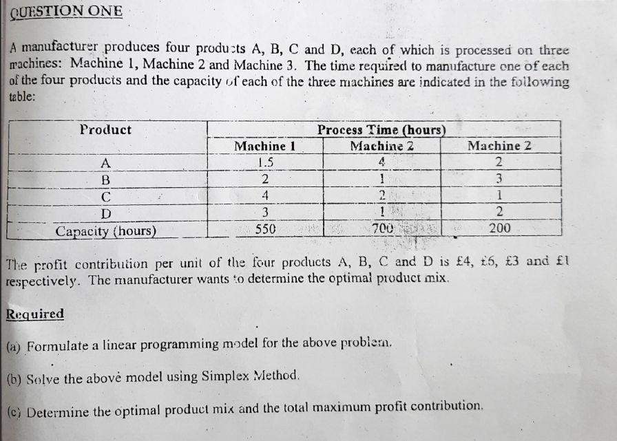 Solved QUESTION ONE A Manufacturer Produces Four Products A, | Chegg.com