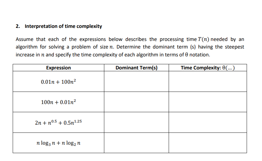 Solved 2 Interpretation Time Complexity Assume Expressions Describes Processing Time T N Needed A Q3960
