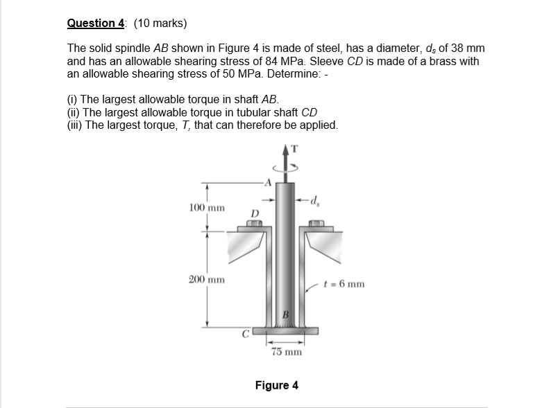 Solved Question 4 (10 marks) The solid spindle AB shown in | Chegg.com