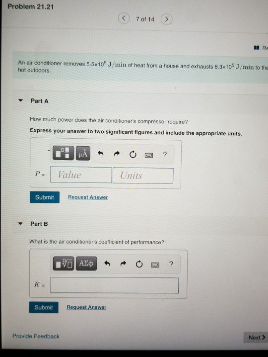 Solved Problem 21.21 7 of 14 > ARE An air conditioner | Chegg.com