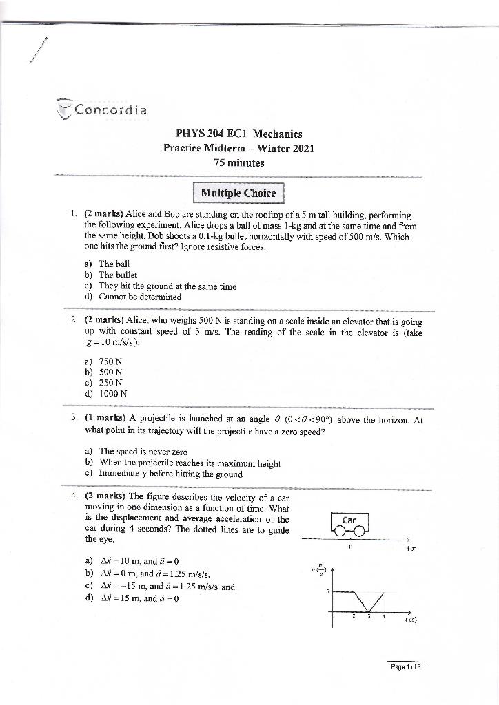 Solved Concordia PHYS 204 EC1 Mechanics Practice Midterm - | Chegg.com