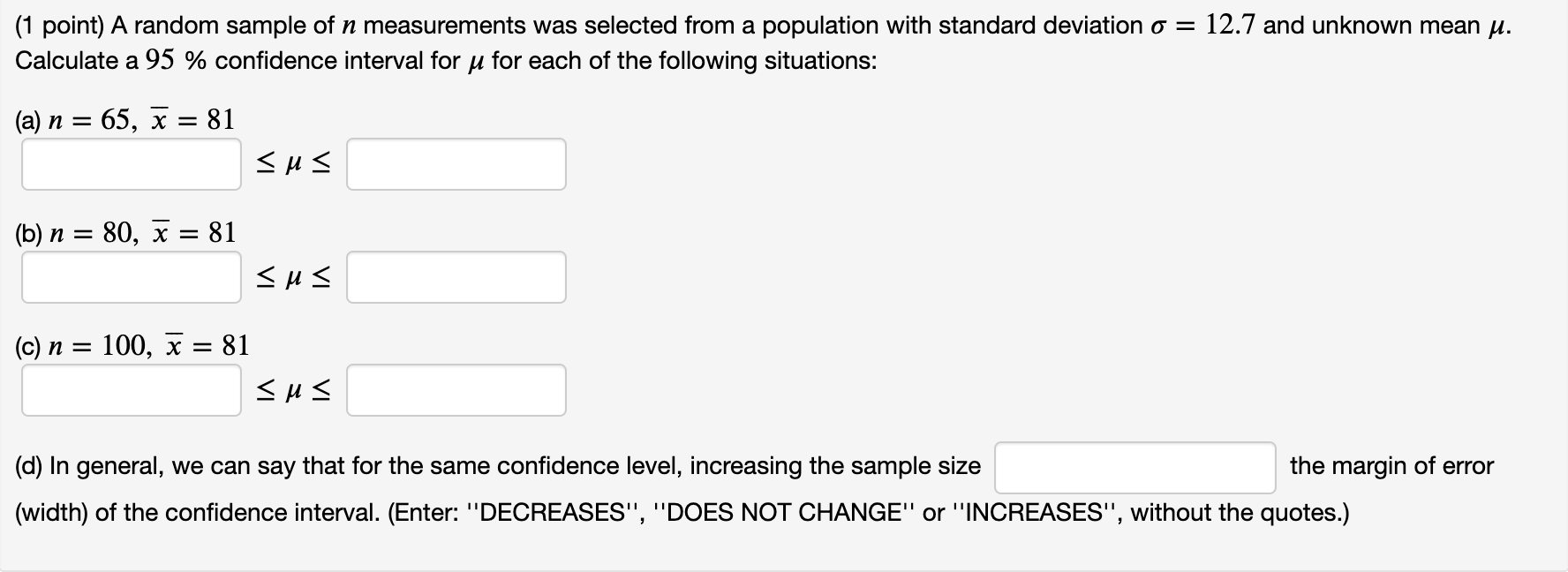 Solved (1 point) A random sample of n measurements was | Chegg.com
