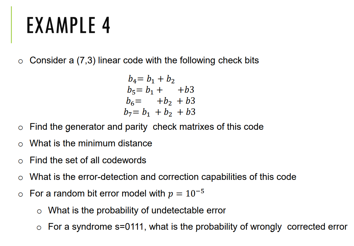 Solved EXAMPLE 4 o Consider a (7,3) linear code with the | Chegg.com