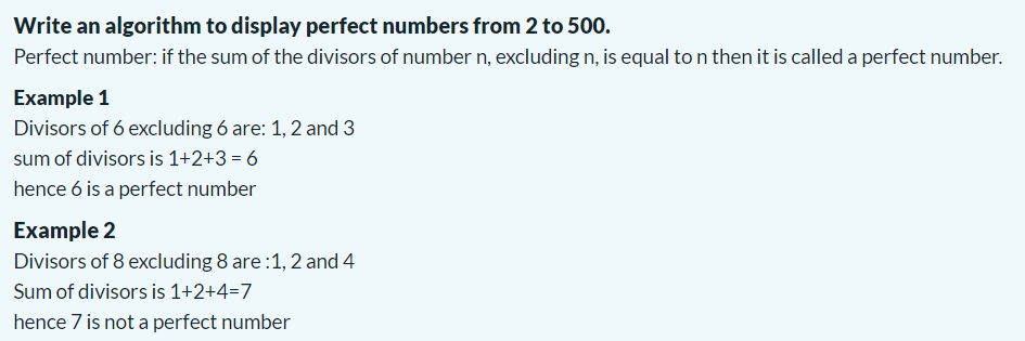 Solved Write an algorithm to display perfect numbers from 2 | Chegg.com