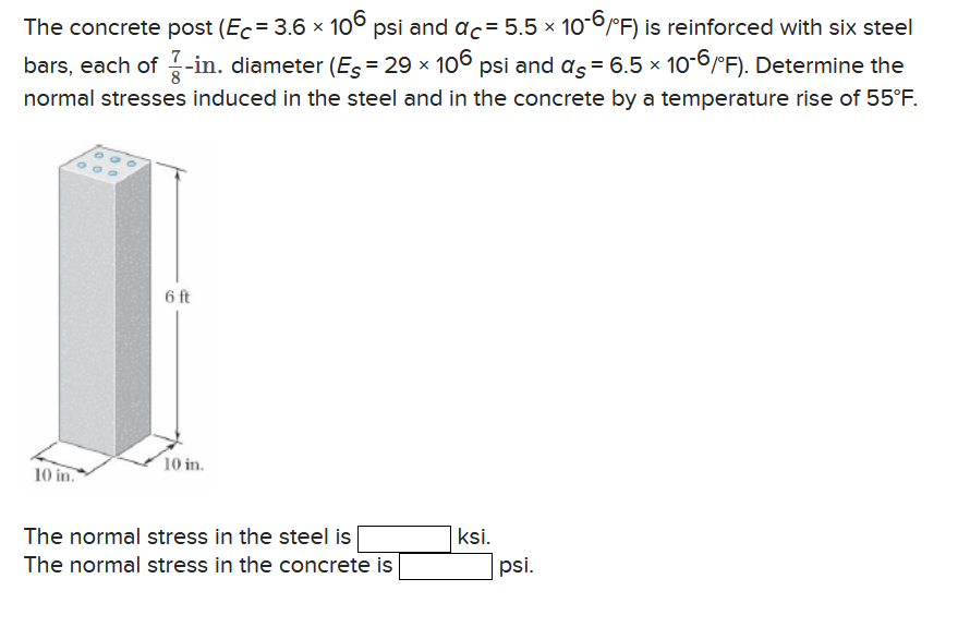 Solved The concrete post (Ec= 3.6 x 106 psi and ac=5.5 x | Chegg.com