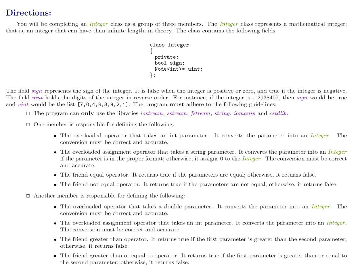 Solved Directions: You will be completing an Integer class | Chegg.com