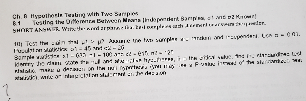 Solved Ch. 8 Hypothesis Testing with Two Samples 8.1 Testing | Chegg.com