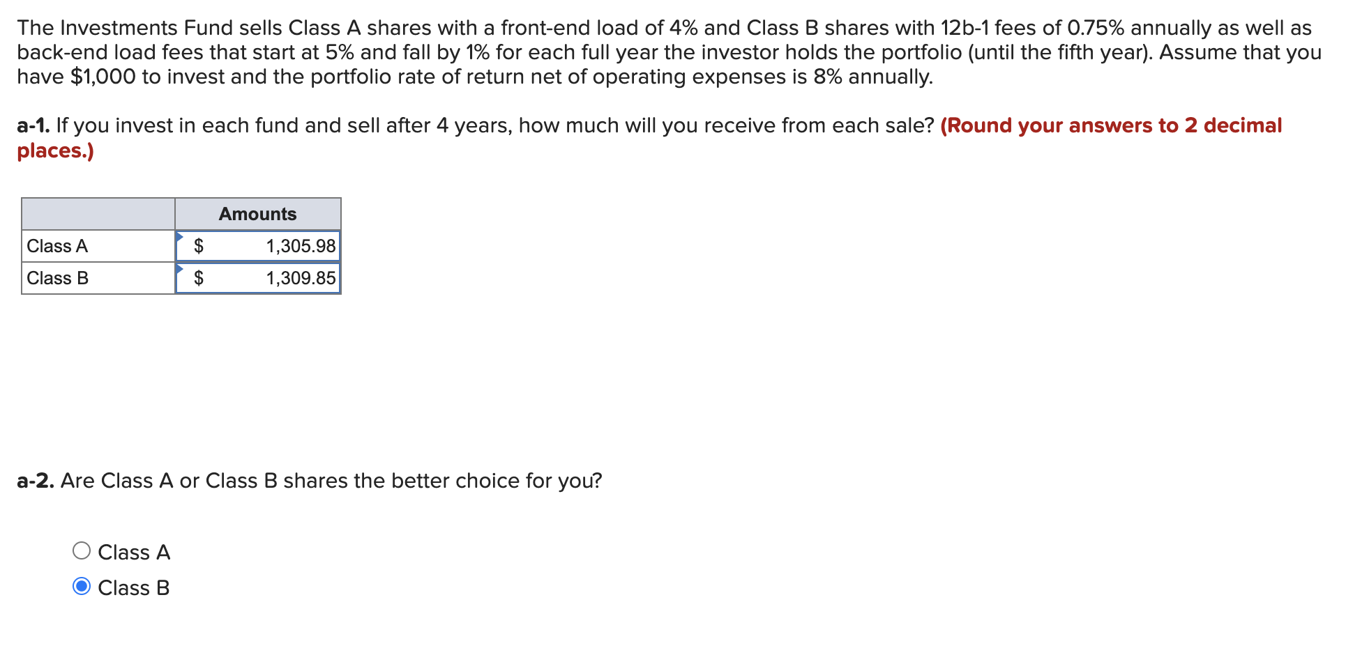 Solved The Investments Fund Sells Class A Shares With A | Chegg.com