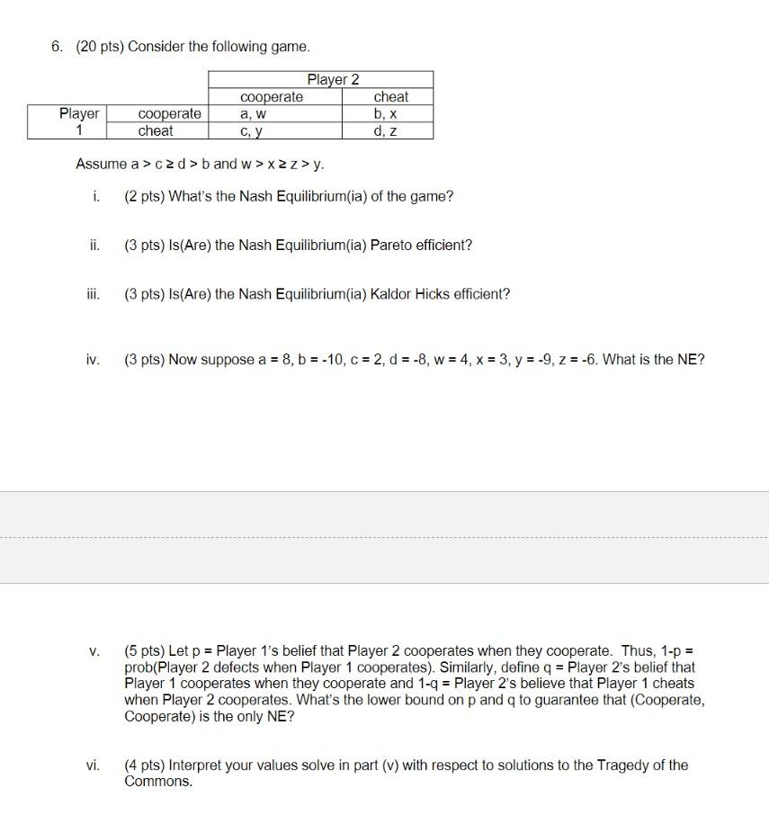 Solved 6. (20 pts) Consider the following game. Player 2 | Chegg.com