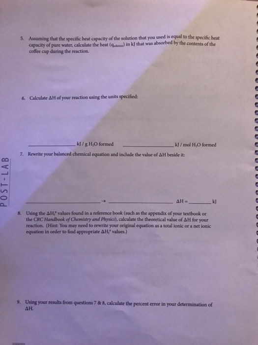 Solved /D EXPERIMENT 8 CALORIMETRY 0 Data and Calculations
