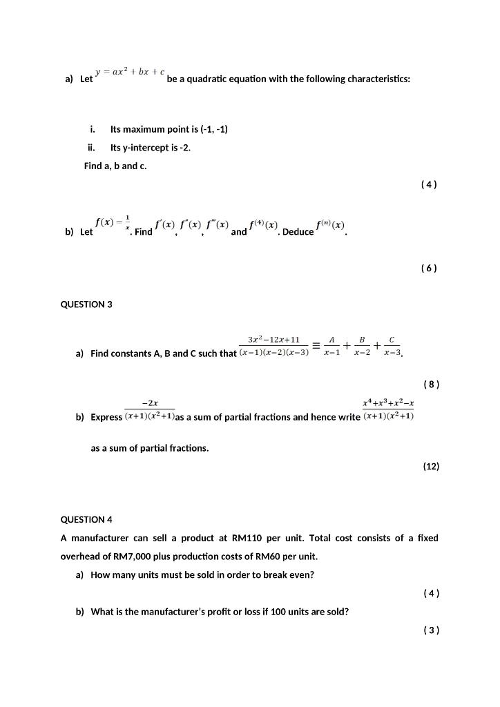 Solved y = ax + bxc a) Let be a quadratic equation with the | Chegg.com