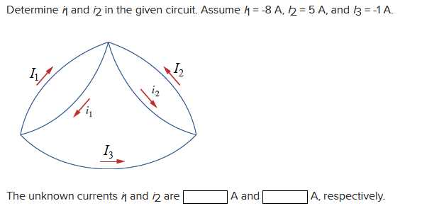 Determine \( \dot{\eta} \) and \( i_{2} \) in the given circuit. Assume \( \eta=-8 \mathrm{~A}, i 2=5 \mathrm{~A} \), and \( 