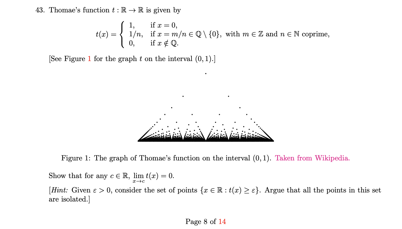 Solved 43. Thomae's function t:R→R is given by | Chegg.com