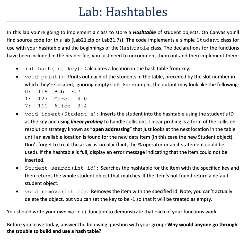 Solved Lab: Hashtables In this lab you're going to implement | Chegg.com