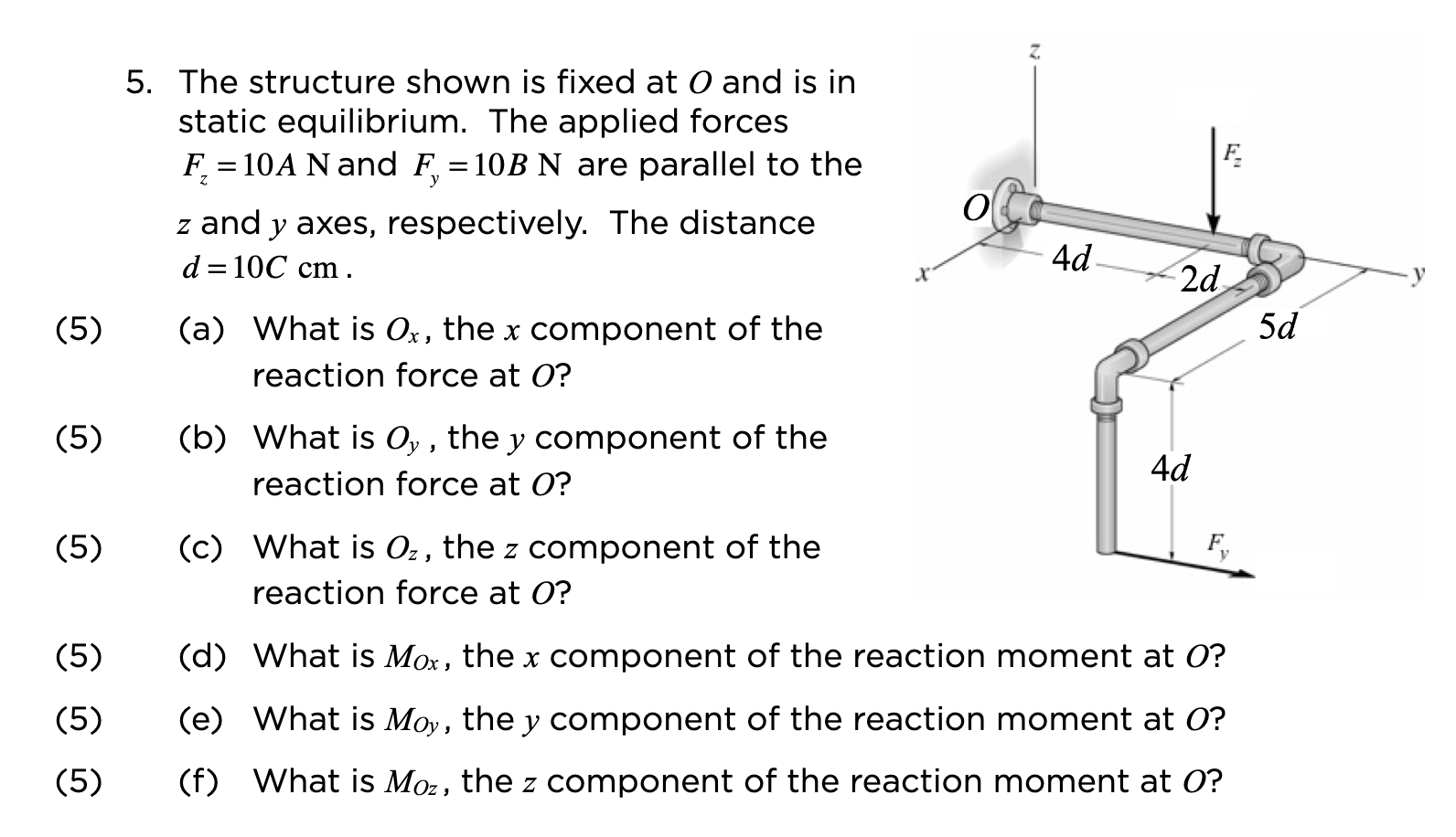 Solved 5. The structure shown is fixed at O and is in static | Chegg.com