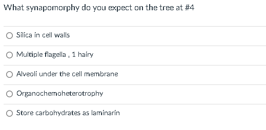 What synapomorphy do you expect on the tree at #4
Silica in cell walls
Multíple flagella, 1 hairy
Alveolí under the cell memb