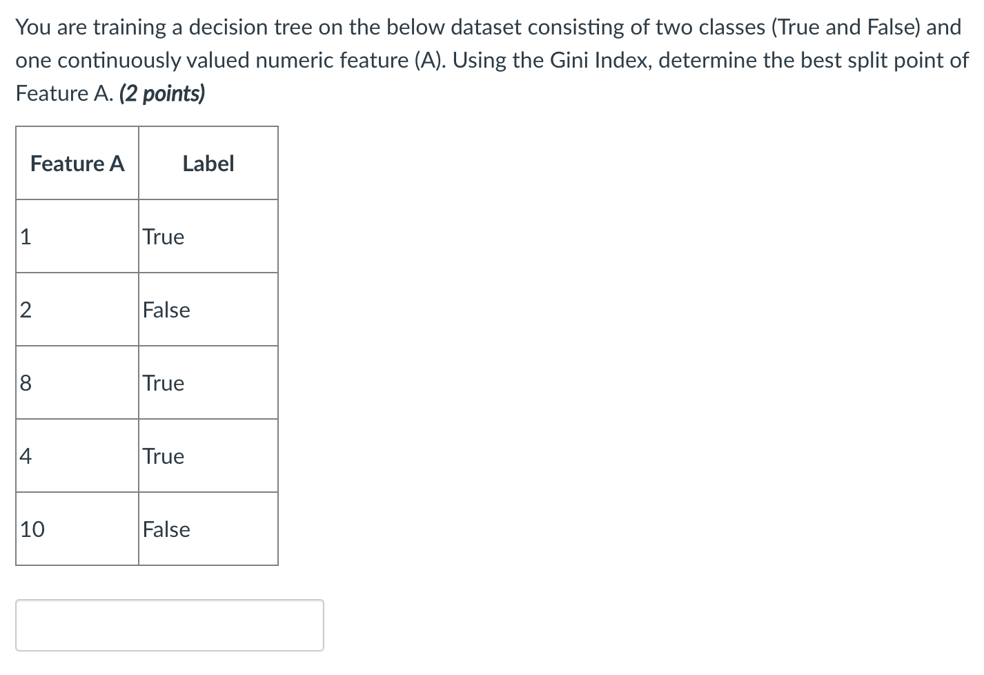 Solved You are training a decision tree on the below dataset | Chegg.com